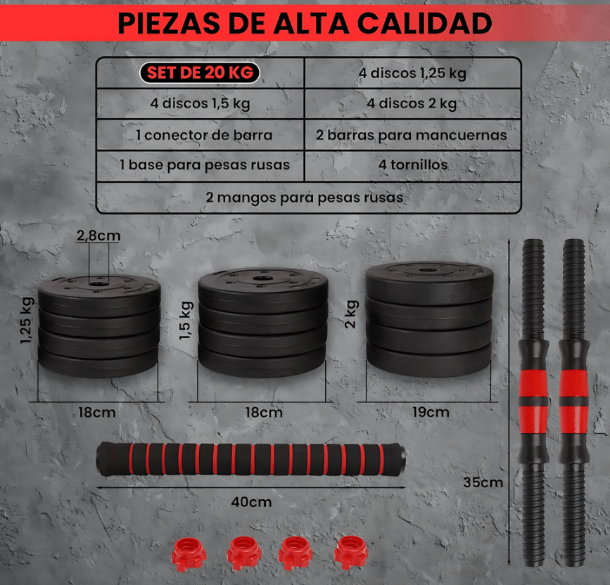 Desafío 20K Set de Mancuernas Y Barra Armable