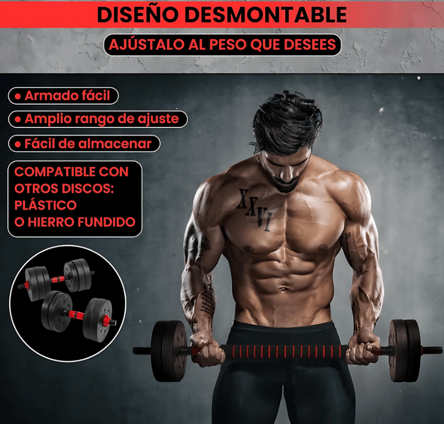 Desafío 20K Set de Mancuernas Y Barra Armable